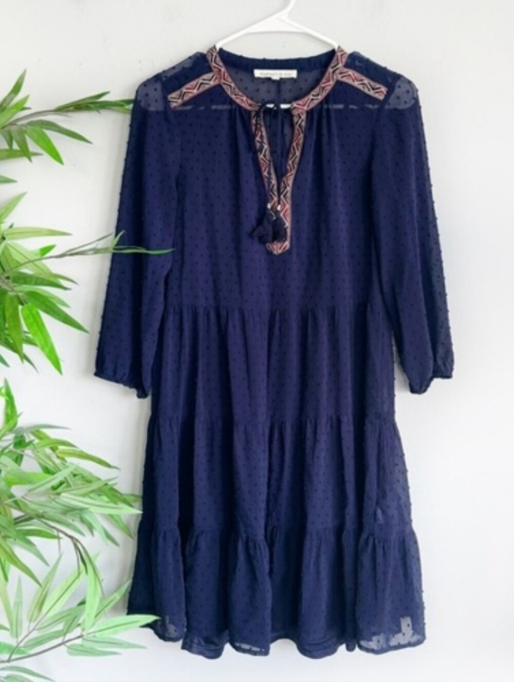 DANIEL RAINN Navy Sheer Swiss-Dot Tiered Tie-Neck Dress Embroidered Trim Size XS